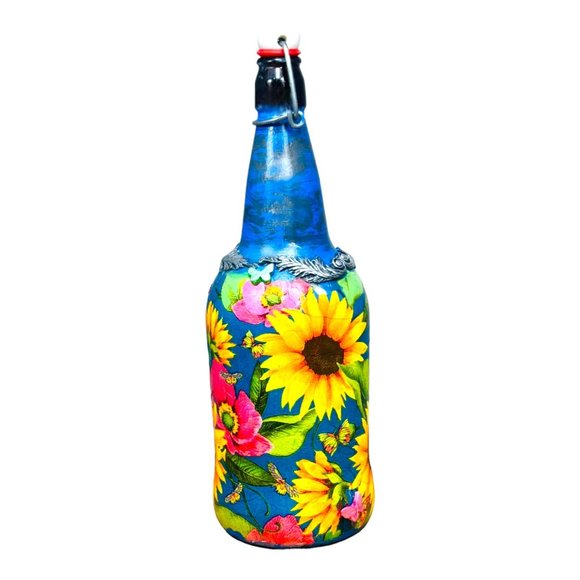 Hand Painted, Decoupaged and Molded Clay Grolsch-Style Bottle Poppy & Sunflowers - Picture 6 of 17